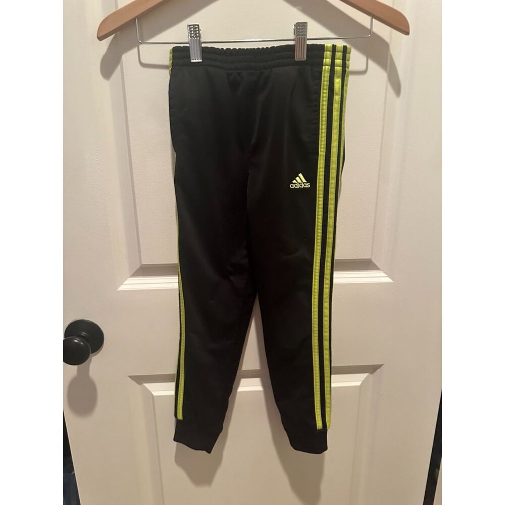 Adidas Boy's Black Track Pants with Neon Yellow Stripes Size 7